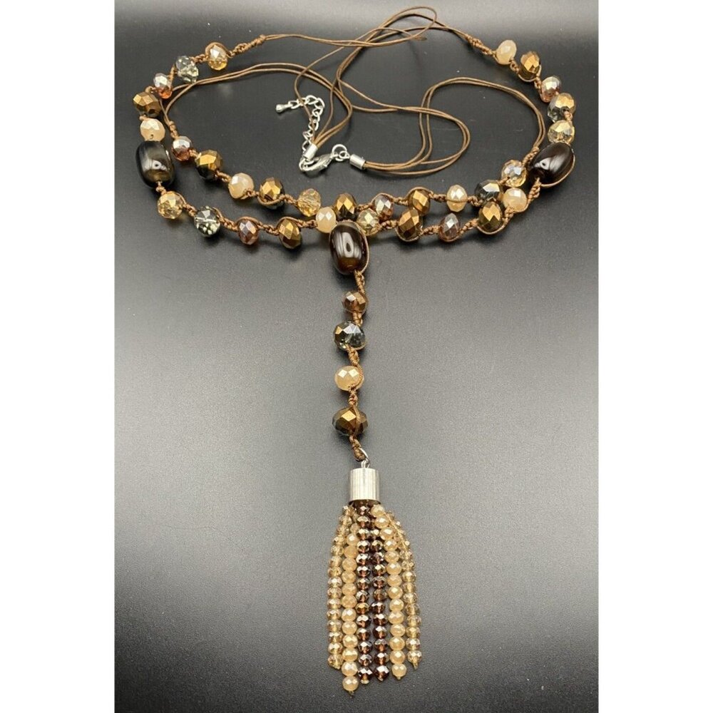 Champagne Root Beer Tassel Necklace 2 Strand Copper Glass Bead AB Macrame Cord